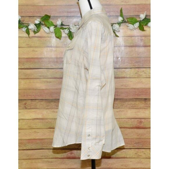 Bit & Bridle Western Shirt Tan Plaid Embroidered Floral Pearl Snaps Size XL - Picture 6 of 12